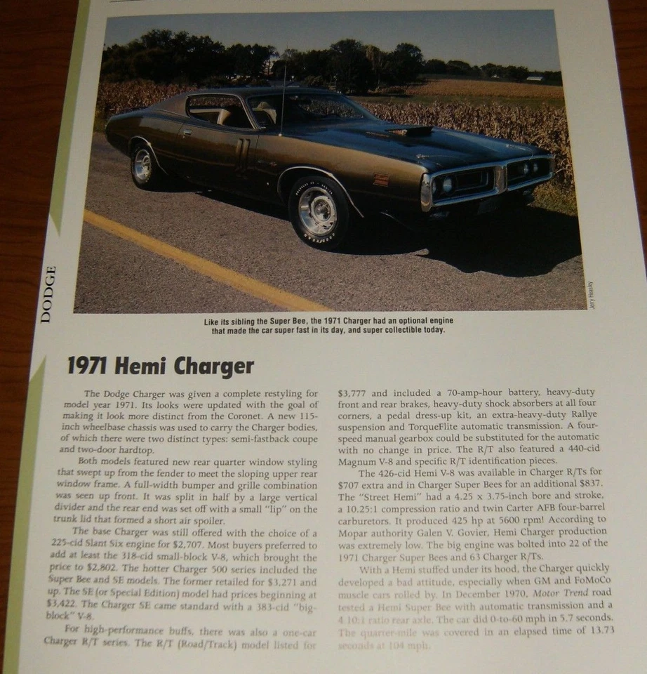 1971 DODGE HEMI CHARGER SPECS INFO PHOTO 71 426 MOPAR★★ - Image 1 of 1
