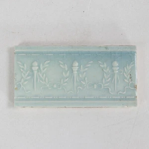 Antique Salvaged Glazed Relief Old Bridge 3x6 Tile Blue Wreath & Torch, 1 Piece - Picture 1 of 6