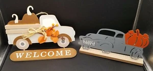 2 Piece Hello Autumn / Fall Harvest White Truck Hanging Sign & Metal Sign - Picture 1 of 4