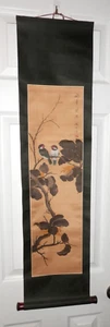 Japanese Hanging Scroll KAKEJIKU Hand Painted Silk 2 Birds on Branch Vintage - Picture 1 of 16