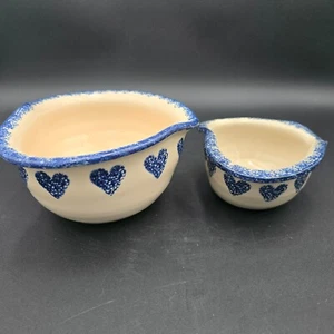 Studio Art Pottery Heart Spongeware Bowl Set Nesting Hand Painted Signed Vintage - Picture 1 of 17