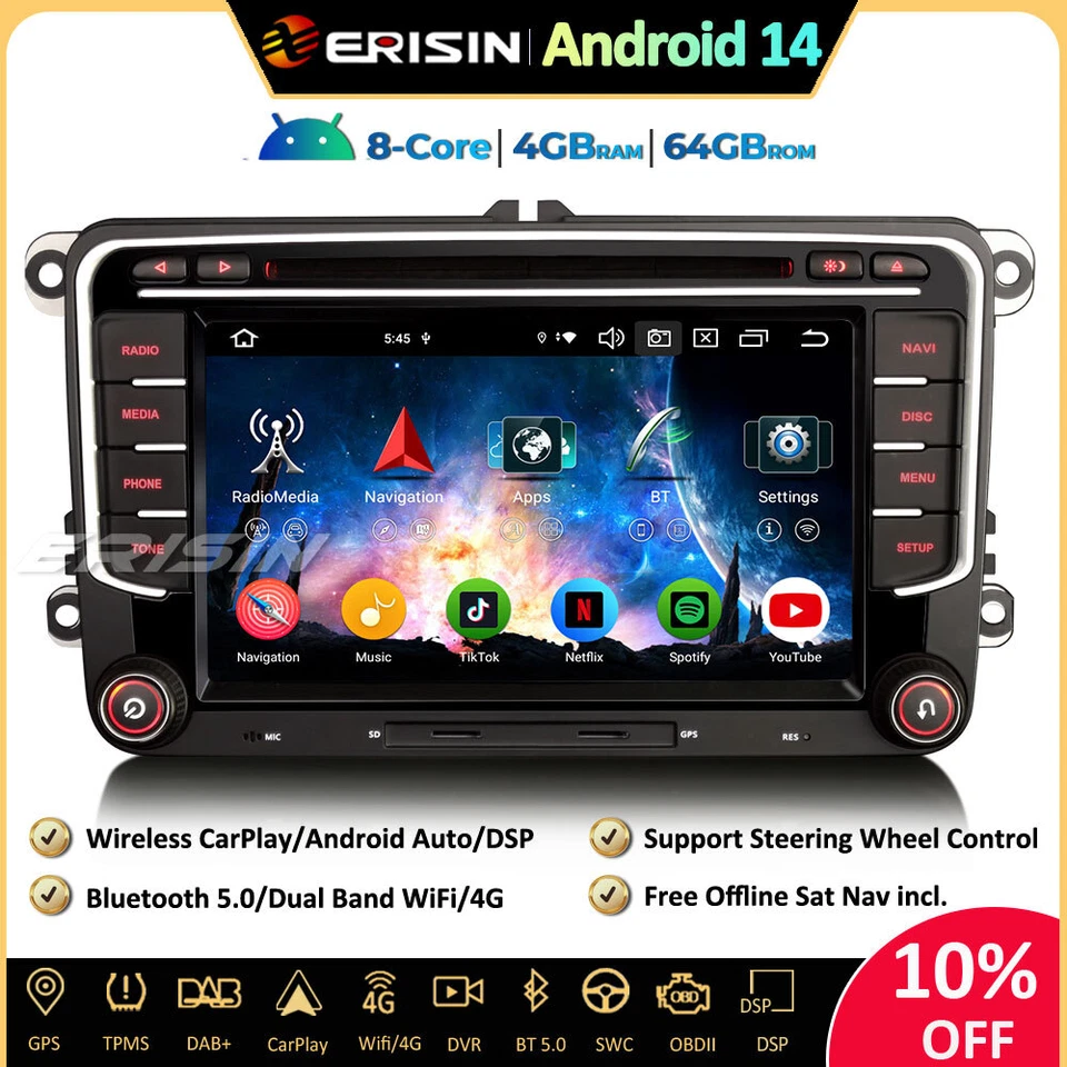 OPS Android 14 Car Stereo Sat Nav For VW Golf 5/6 Passat Tiguan Polo Jetta Seat - Image 1 of 4