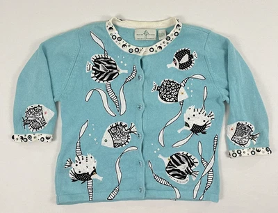 Cardigã feminino vintage Philip & Jane Gordon G azul peixe animais aquáticos grannycore - Imagem 1 de 4