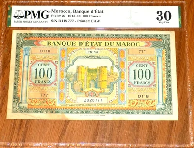 1943 MOROCCO BANQUE D' ETAT 100 FRANCS PMG 30 PCK 27 Maroc WWII Era Banknote - Image 1 of 4