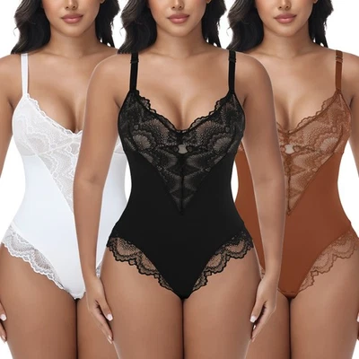 Women Lace Body Shaper Shapewear Sculpting Lace Bodysuit Tummy Control Thong Top - Image 1 of 4