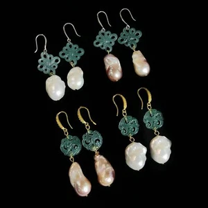 Luxury Women Natural Baroque Freshwater Pearl Jade Drop Dangle Earrings Jewelry - Picture 1 of 13