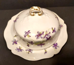 Limoges 7" Dome Butter Dish + Underplate Violets Forget-Me-Nots Gold Handle RARE - Picture 1 of 7