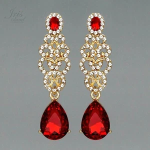 Pendientes colgantes de gota de estrás de cristal rojo para mujer enchapados en oro boda graduación 0556 - Imagen 1 de 4