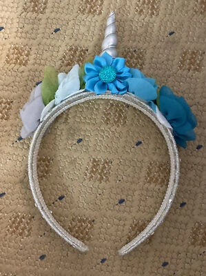 Diadema infantil Mythical Creatures azul floral unicornio cuerno plateado disfraces Foto 1 de 4