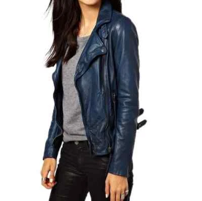 Nueva chaqueta de motocicleta hecha a mano elegante azul para mujer de cuero de cordero genuino Foto 1 de 4