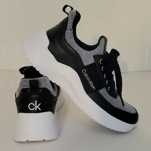 CALVIN KLEIN SNEAKER SHOES KCUMIKA-C LACE-UP WOMEN'S SIZ 8 BLACK "CK" LOGO PRINT - Picture 1 of 12