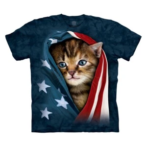 The Mountain Cat Patriotic Kitten Cats USA Flag Kitty Blue Adult T-Shirt S-3X - Picture 1 of 4