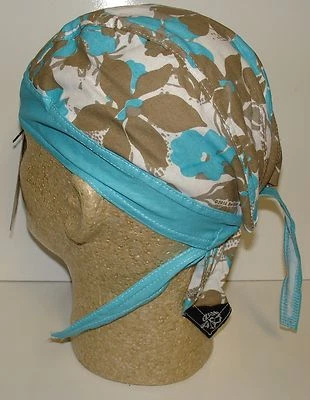 绿松石蓝色白色哈瓦热带花卉头巾头骨帽女士骑手杜拉格 — 第 1/3 张图片