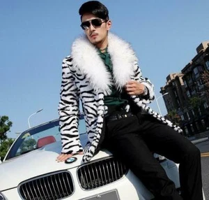 Chaqueta sobreabrigo largo de piel sintética para hombre estampado de cebra cuello de piel prendas de abrigo FFRQ - Imagen 1 de 10