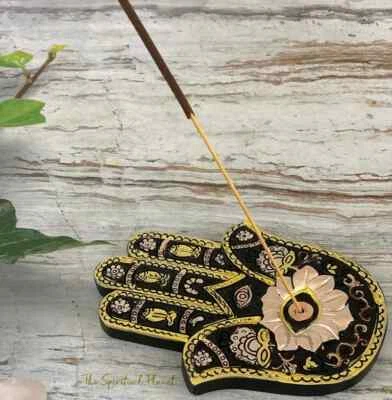 Quemador de incienso Hamsa Stick cenicero/plato de cono dorado y negro 5" Foto 1 de 3