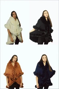 Womens Winter Poncho with Faux Fur Layered, Warm & Stylish Cold Weather Wrap - Picture 1 of 25