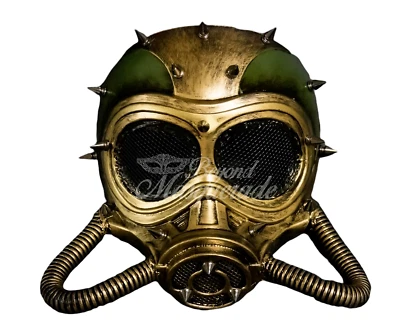 HALLOWEEN STEAMPUNK MASQUERADE MASK RESPIRATOR GAS FACE MASK (GOLD & GREEN) - Image 1 of 4
