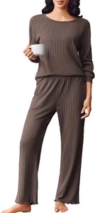 Damen Schlafanzug Lang Rippen-Design – weich, elastisch, bequem Pyjama - Bild 1 von 6