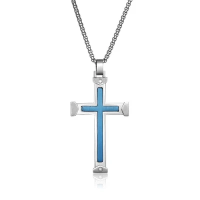 Colgante de cruz con incrustación de acero inoxidable enchapado en iones azules diamante redondo 0,03 - 24 pulgadas Foto 1 de 4