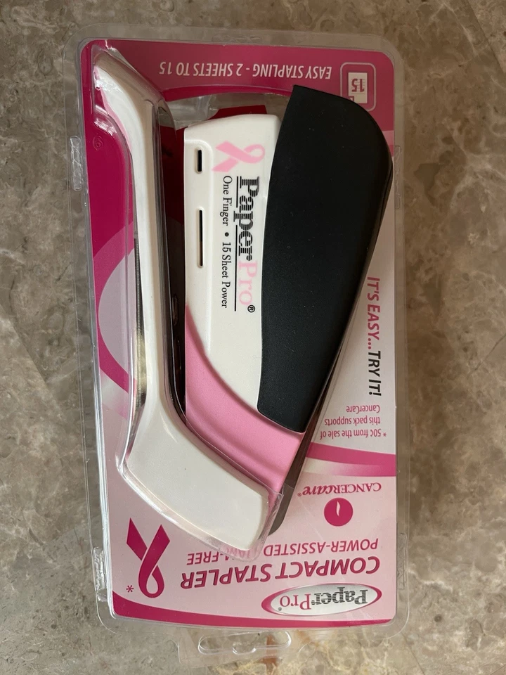 PaperPro Compact Stapler 15 Sheet Power Assisted Jam Free Pink Ribbon