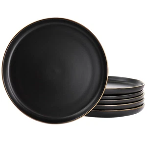 Elama Paul 6 Piece Stoneware Dinner Plate Set in Matte Black with Gold Rim - Picture 1 of 1