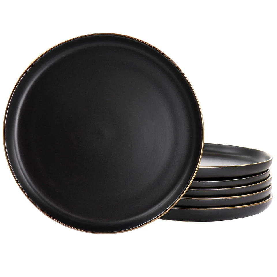 Elama Paul 6 Piece Stoneware Dinner Plate Set in Matte Black with Gold Rim - Image 1 of 1