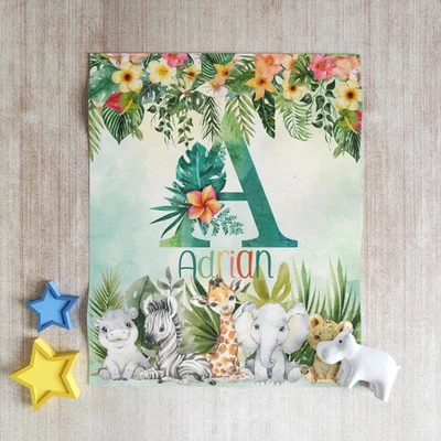 Personalized Forest Animals Blanket, Jungle Animal Baby Blanket, Safari Nursery - Image 1 of 4