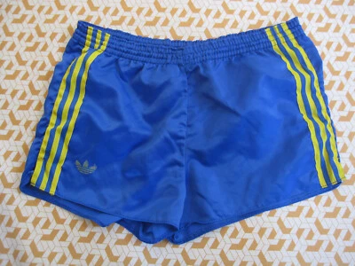 Short Adidas Ventex Bleu jaune Vintage satin brillant Polyamide 80'S Homme - S - Photo 1/4