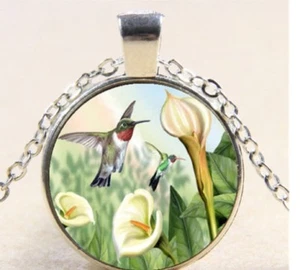 HUMMINGBIRD FLOWER BIRD LILY pendant Silver 20" Necklace women MOM GIFT - Picture 1 of 9