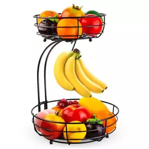Iron 2 Tier Countertop Fruit Vegetables Basket Bowl Storage With Banana Hanger - Picture 1 of 7