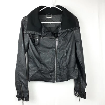 JouJou Womens Faux Leather Jacket Sz S Moto Zippers Pockets Buckles Collar Black - Image 1 of 4