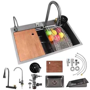 Undermount Kitchen Sink Quiet Drain Stainless Steel Single Bowl Waterfall Faucet - Picture 1 of 9