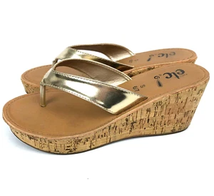 Rue 21 etc! Damen Y2K Plateau Kork Keilabsatz Gold Zehenstegsandalen Größe S (6/7) - Bild 1 von 10