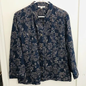 JM Collection Jean Jacket Size 18 Tapestry Cotton Blue Boho Copper Button Up - Picture 1 of 10
