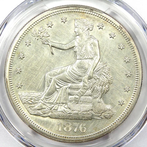 1876-S Trade Silver Dollar T$1 Coin. Certified PCGS Uncirculated Detail (UNC MS) Cover