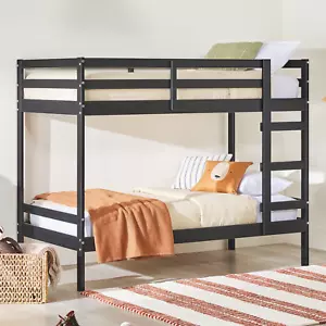 Modern Solid Wood Twin over Twin Bunk Bed, Black - Picture 1 of 12
