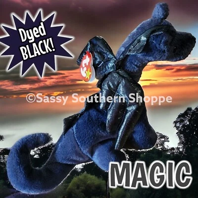 ♡ MAGIC ♡ 1995 Ty Beanie Babies Winged *Hand-Dyed* BLACK DRAGON Baby *MWMT* - Image 1 of 4