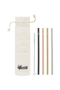 CHEEKI STAINLESS STEEL STRAIGHT DRINKING STRAWS 4PKT INCLUDES CLEANING BRUSH - Picture 1 of 1