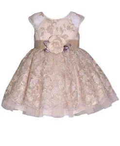 NEW Bonnie Jean Baby Girls Size 6M-9M "TAUPE EMBROIDERED LACE" Flower Dress NWT - Picture 1 of 3