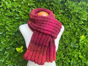 Hand Knitted Scarf - Red Mix - Luxurious Long Ribbed Scarf - Winter Woman's Mens - Picture 1 of 6