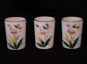 Opal Milk Glass Tumblers with Enamal Floral Decorations and Gilding - Picture 1 of 5