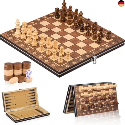FIOAY Schachspiel aus Holz,3 In 1 Schachspiel Magnetisch,Chess Board Set klappbar für