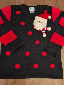 Vintage Quacker Factory Black Red Polka Dot Santa Ugly Christmas Sweater Large  - Picture 1 of 5