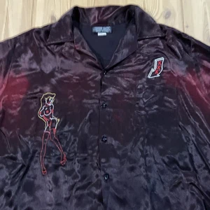 VTG 90s Y2K Johnny Suede Shiny Pinup Girl Lounge Shirt Dice XXL Rockabilly - Picture 1 of 10