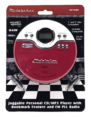 Studebaker Joggable Personal CD/MP3 Player Headphones FM Stereo White/Red - Image 1 of 2