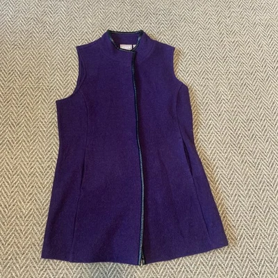 Chaleco boho largo de lana hervida púrpura talla 1 de CHICO'S con ribete de cuero negro sintético Foto 1 de 4