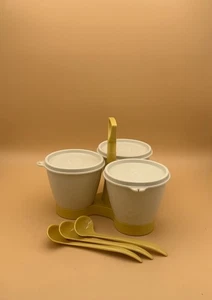 Tupperware Vintage gelb & mandel 70er Jahre Gewürzbehälter mit 3 Deckelbehältern - Bild 1 von 11