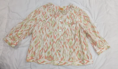 Chaqueta con botones Ruby Rd mezcla de lino blanco verde rosa talla 18W Foto 1 de 4
