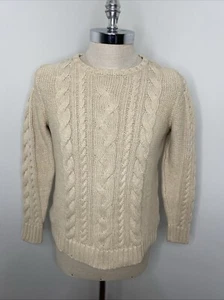 LL Bean Cable Knit Sweater Women's L Cream Cotton Fisherman Crew Neck Classic - Picture 1 of 8