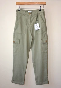 EX M&Co SAGE GREEN ELASTICATED WASITBAND 6 POCKET CARGO TROUSER SIZE 8  LEFT - Picture 1 of 11